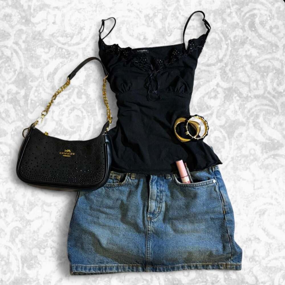Eyeshadow Black Lace Cami Top with Sequins and Bow Detail